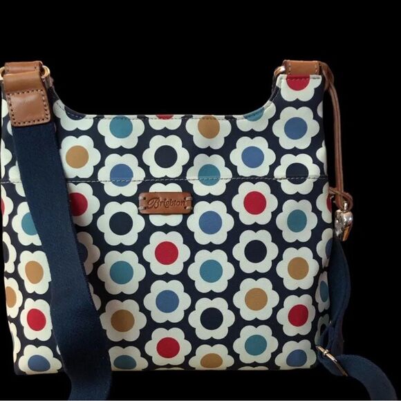 Brighton Newberry Crossbody Bag Flowers Discontinued Adjustable Strap Blue ivory - Picture 1 of 15